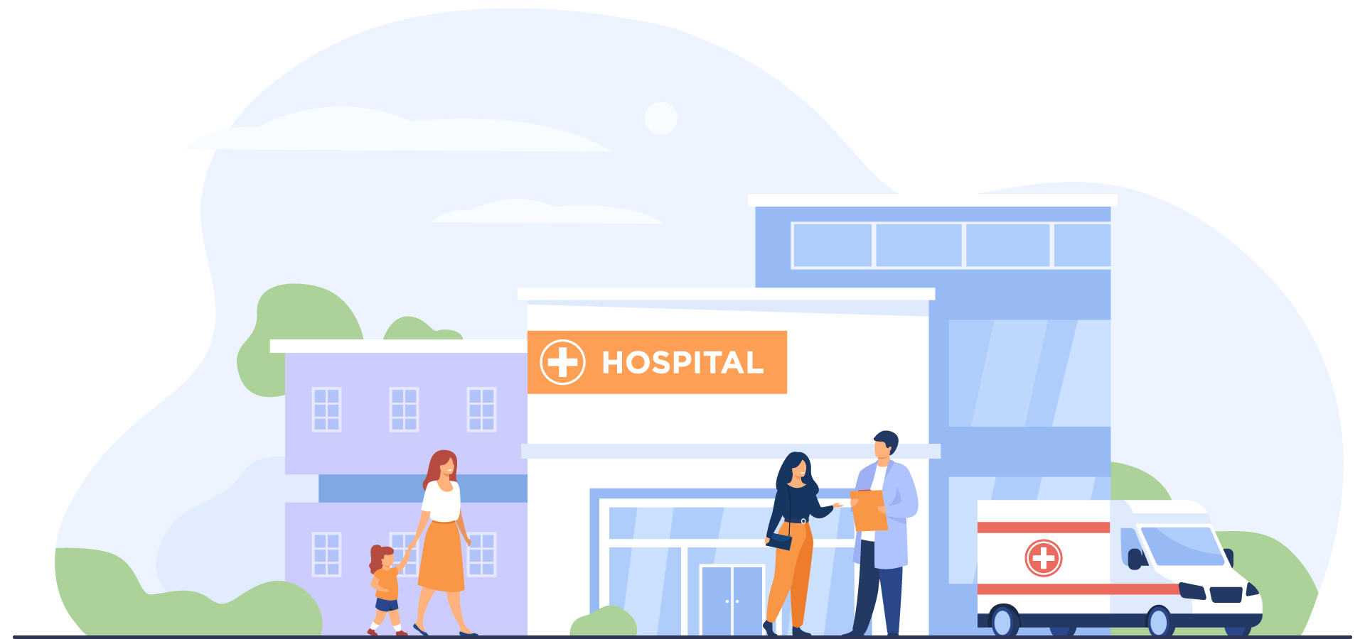 Imagen dibujada de un hospital amplio en el fondo, y en el primer plano hay una madre y su hija caminando hacia el hospital, una mujer conversando con un médico y una ambulancia estacionada.