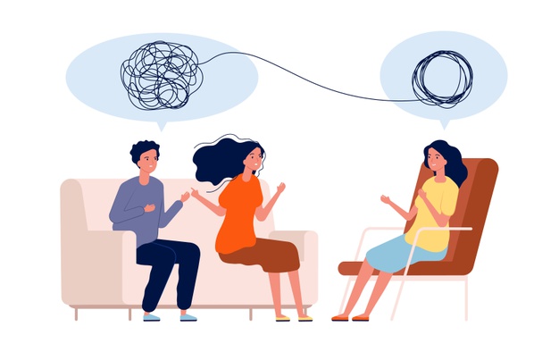 Imagen dibujada de una pareja hablando de sus problemas, y por esto forman un enredo; y una psicóloga ayudando a la pareja desenredar sus problemas.
