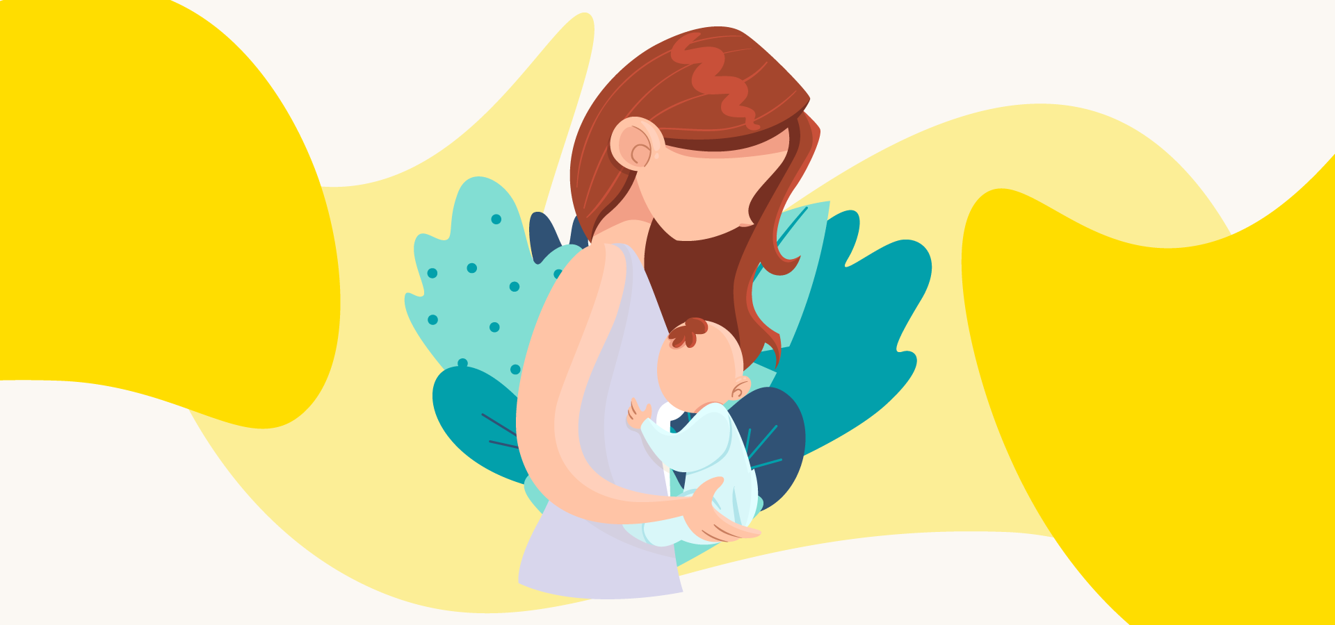 Imagen dibujada de una madre joven con su bebé infante en sus manos.