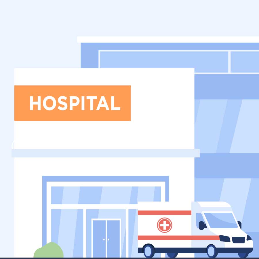 Imagen dibujada de una ambulancia estacionada frente a las puertas de un hospital.
