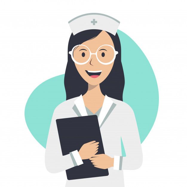 Imagen dibujada de una enfermera sonriente con unos espejuelos blancos puestos aguantando un portapapeles.