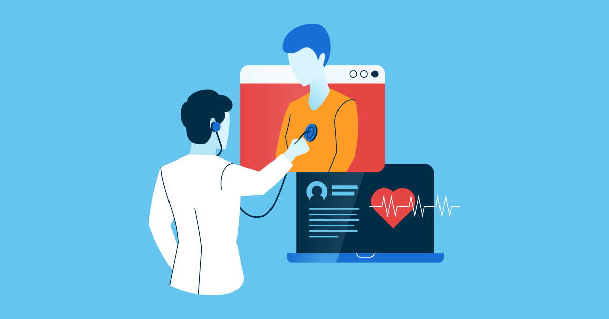 Imagen dibujada donde hay un doctor ayudando a su paciente de forma remota o en línea.