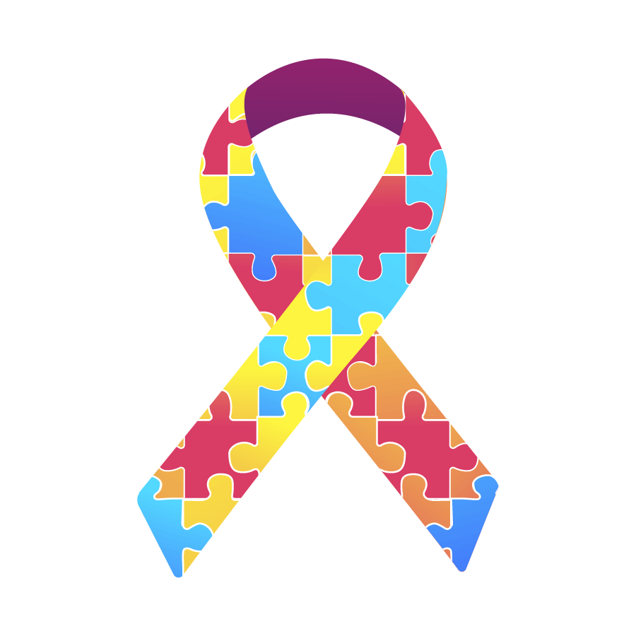 Lazo de muchos colores con patron de rompecabezas representando la complejidad del espectro autista.